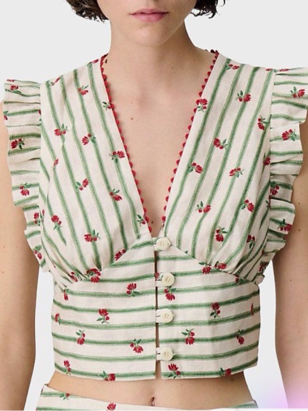 Claudie Pierlot Floral Stripe Button-Front Top in Cream, Green & Red